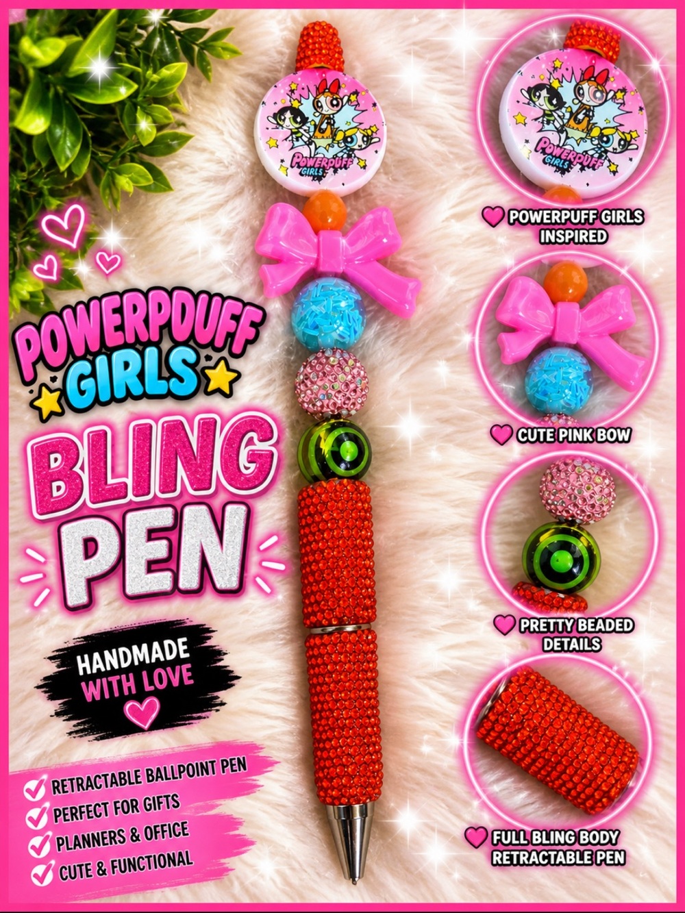Handmade Bling Powerpuff Girls Inspired Beaded Pen Pink Bow Rhinestone